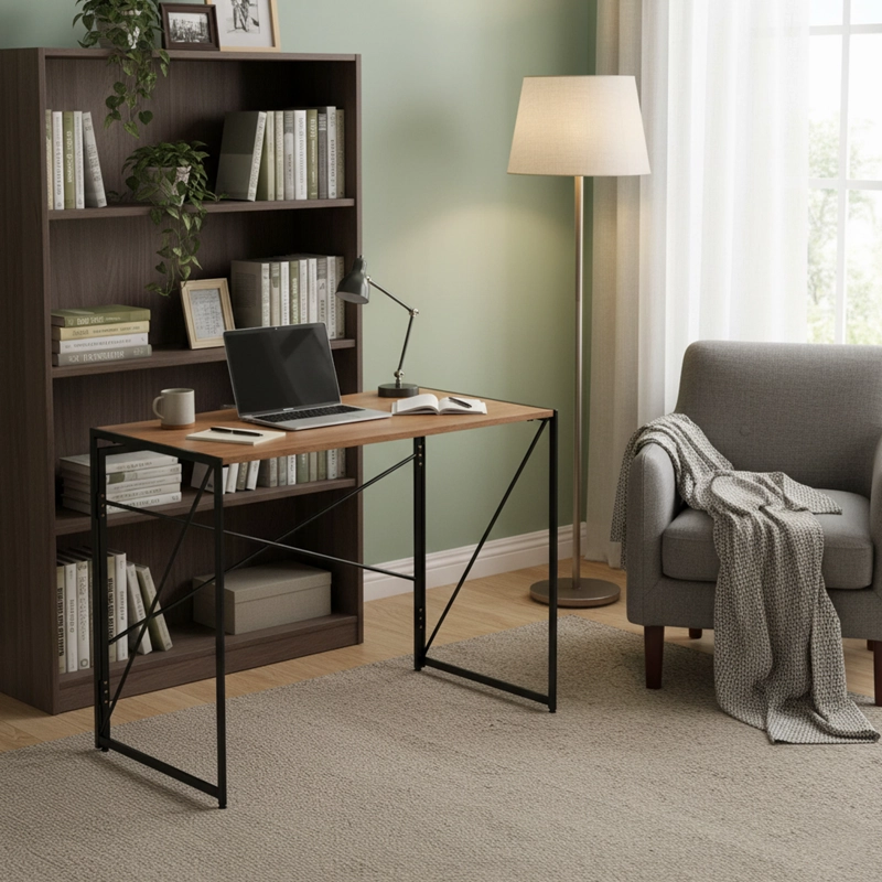 MESA ESCRITORIO PLEGABLE DE METAL Y MADERA ROBLE OSCURO 100X50X75 CM - 4