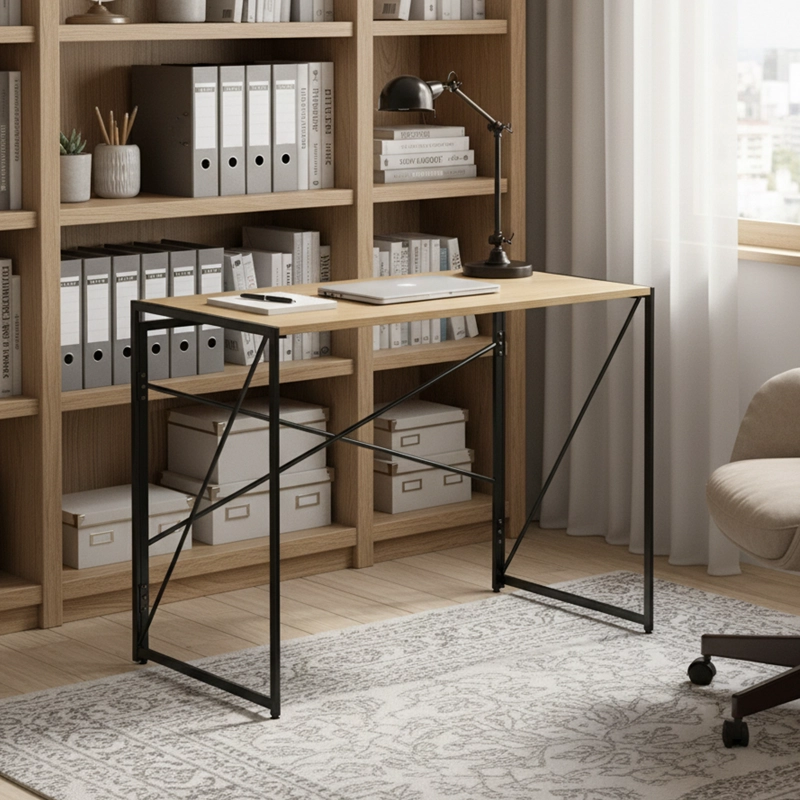MESA ESCRITORIO PLEGABLE DE METAL Y MADERA ROBLE CLARO 100X50X75 CM - 3