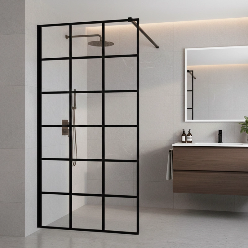 MAMPARA FIJA DE BAÑO CUADROS NEGROS JOYTEK 190×90 CM VIDRIO TEMPLADO 8 MM - 1
