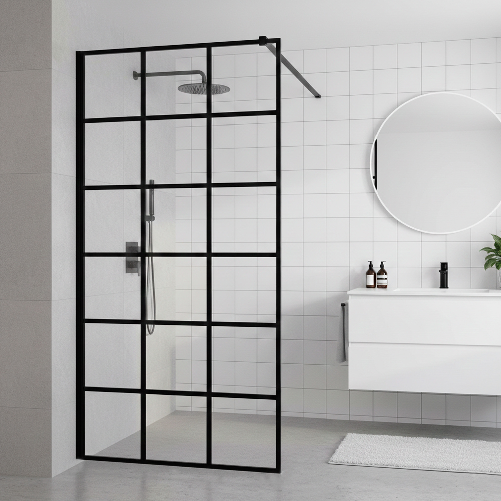 MAMPARA FIJA DE BAÑO CUADROS NEGROS JOYTEK 190×90 CM VIDRIO TEMPLADO 8 MM - 2