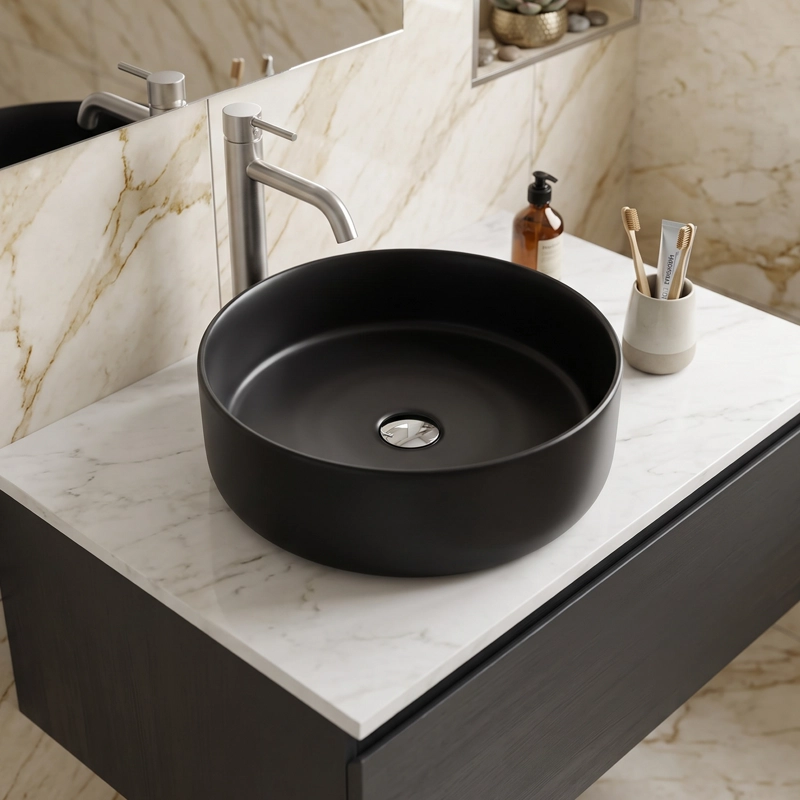 LAVAMANOS REDONDO SOBREPONER  LOZA 042D NEGRO MATE 40X12,5 CM - 3
