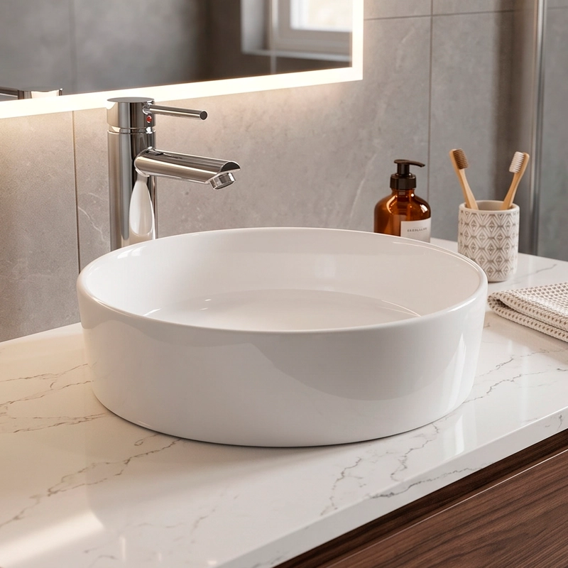 LAVAMANOS REDONDO SOBREPONER  LOZA 042DB BLANCO BRILLANTE 40X12,5 CM - 4