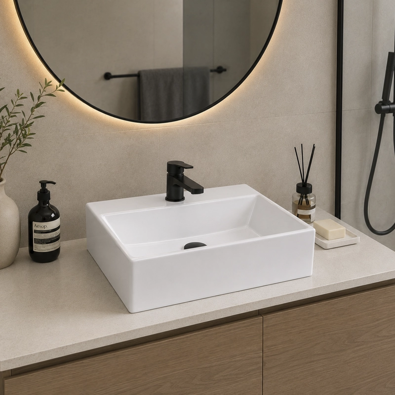 LAVAMANOS RECTANGULAR SOBREPONER  LOZA 3329 BLANCO 34X30X12 CM - 4