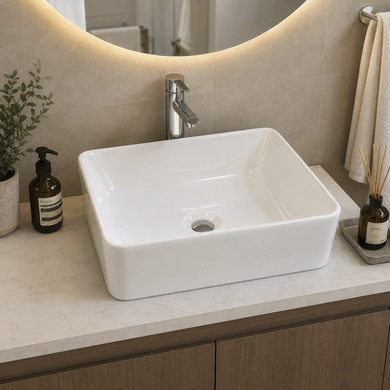 LAVAMANOS RECTANGULAR SOBREPONER JOYTEK LOZA 103B BLANCO 48X38X13,5 CM - 5