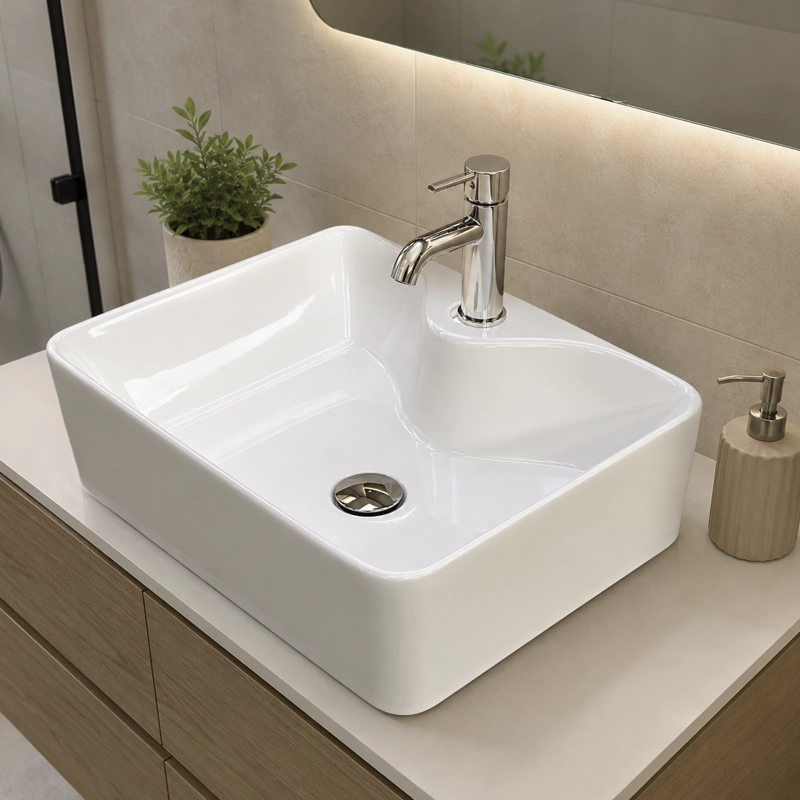 LAVAMANOS RECTANGULAR SOBREPONER JOYTEK LOZA 104B BLANCO 48X38X13,5 CM - 5