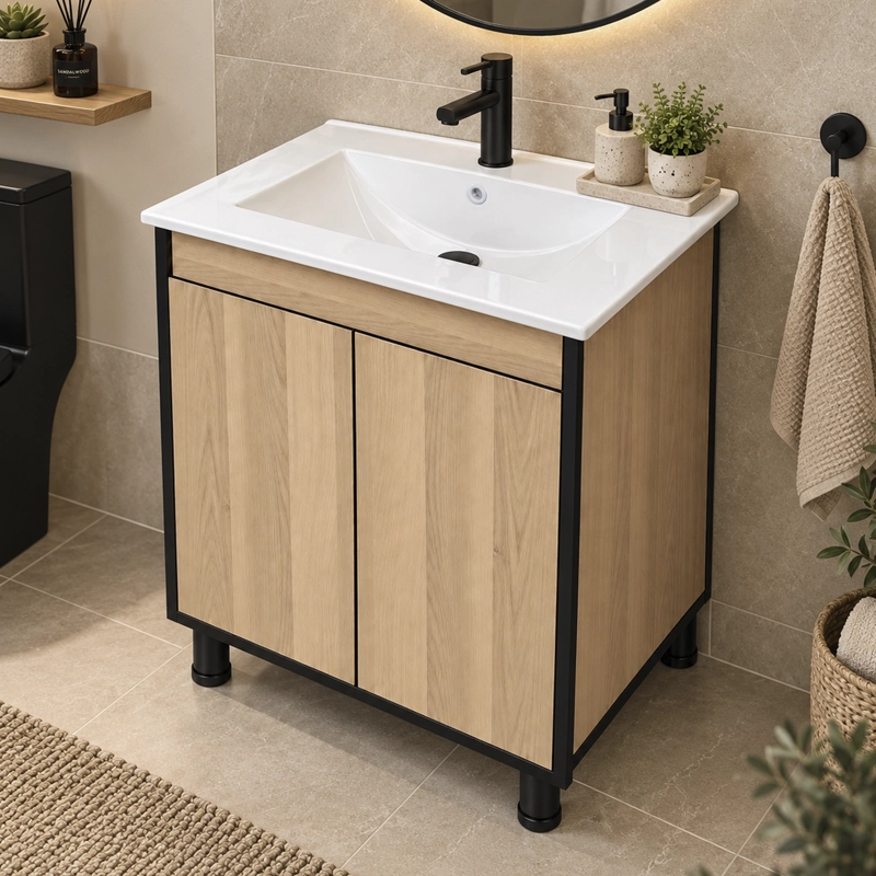 MUEBLE DE BAÑO ALTAIR NOGAL CLARO CON CUBIERTA 60X46X84 CM - 2