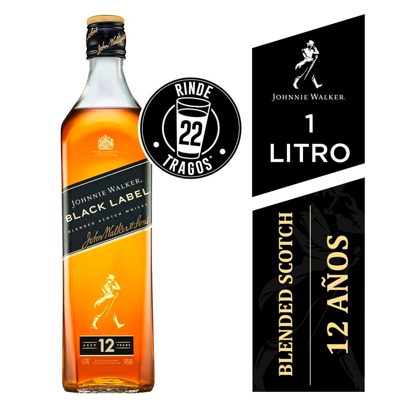 WHISKY JOHNNIE WALKER BOTELLA VIDRIO 1000 CC BLACK LABEL 40° - 1