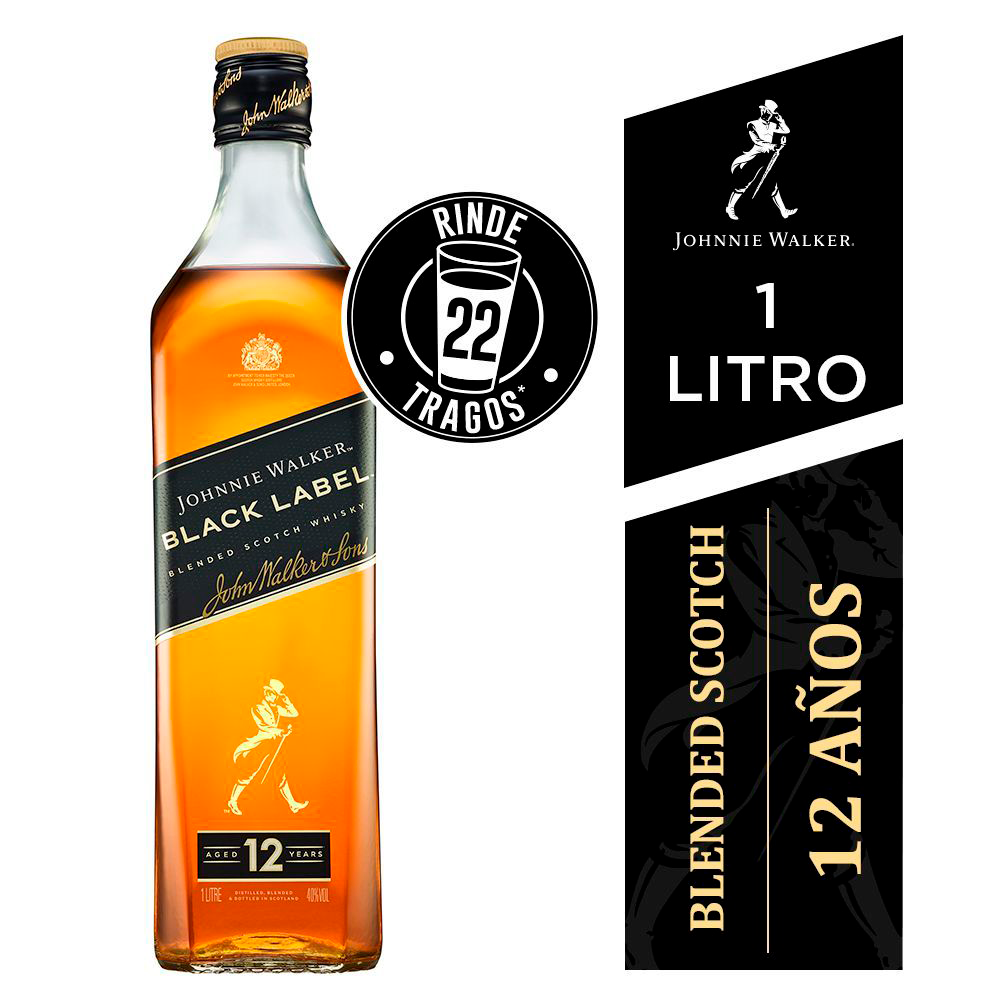 WHISKY JOHNNIE WALKER BOTELLA VIDRIO 1000 CC BLACK LABEL 40° - 1