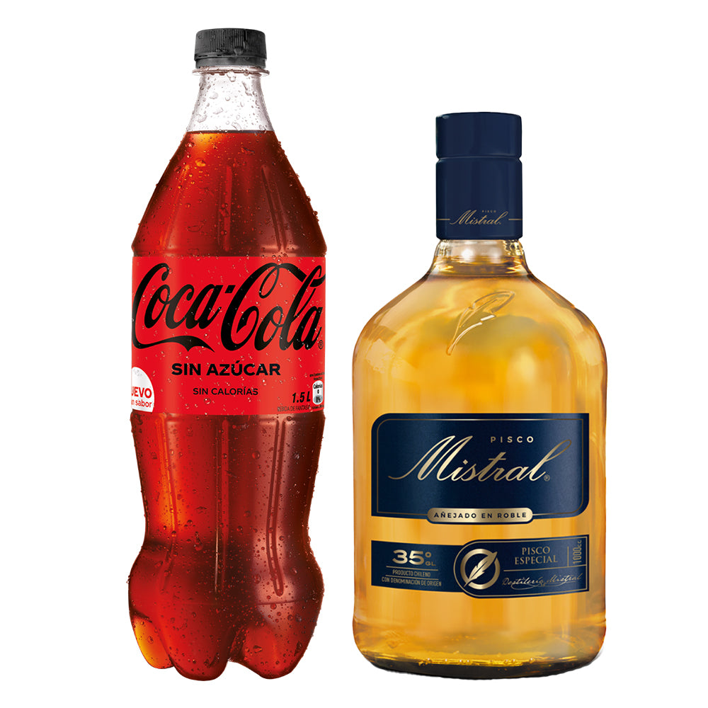 SET PISCO MISTRAL BOTELLA VIDRIO 35° 1000 CC + BEBIDA COCA COLA ZERO 1500 CC - 3