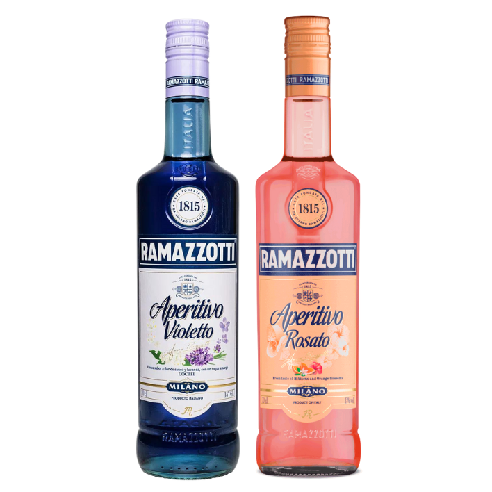 SET LICOR RAMAZZOTTI BOTELLA VIDRIO APERITIVO ROSATO + VIOLETTO 15° 700 CC - 1