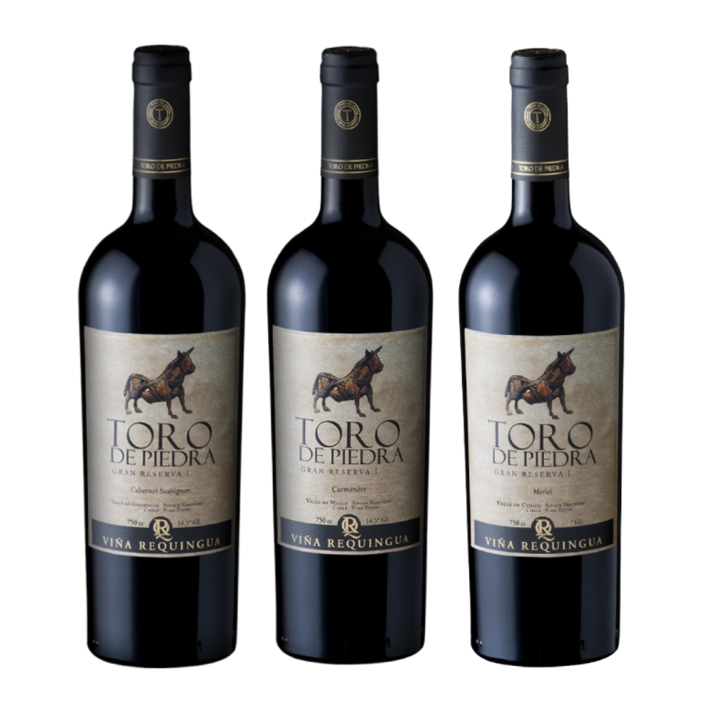 SET VINO TINTO CARMENERE + CABERNET SAUVIGNON + MERLOT TORO DE PIEDRA 750 CC GRAN RESERVA - 1