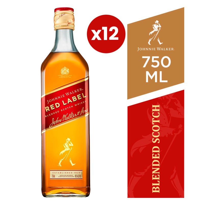 WHISKY JOHNNIE WALKER BOTELLA VIDRIO 750 ML 12 UN RED LABEL - 1