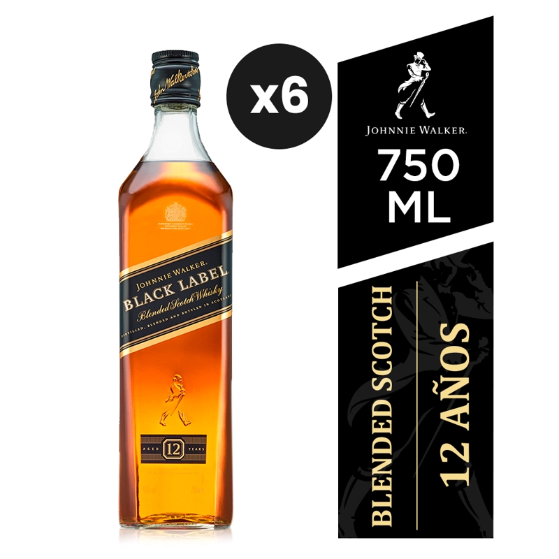 WHISKY JOHNNIE WALKER BOTELLA VIDRIO 750 ML 6 UN BLACK LABEL - 1