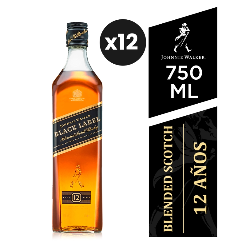 WHISKY JOHNNIE WALKER BOTELLA VIDRIO 750 ML 12 UN BLACK LABEL - 1