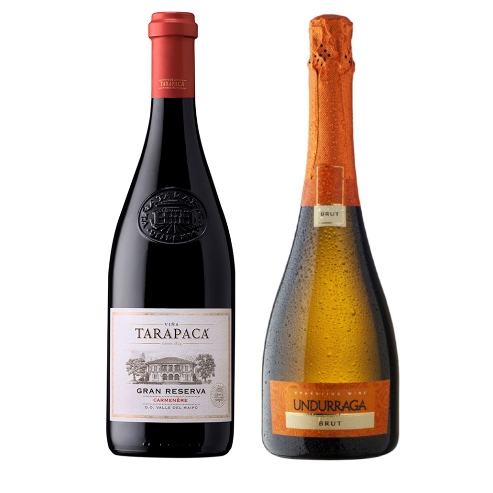 SET VINO TINTO CARMENERE TARAPACA BOTELLA VIDRIO GRAN RESERVA + ESPUMANTE UNDURRAGA BRUT - 1