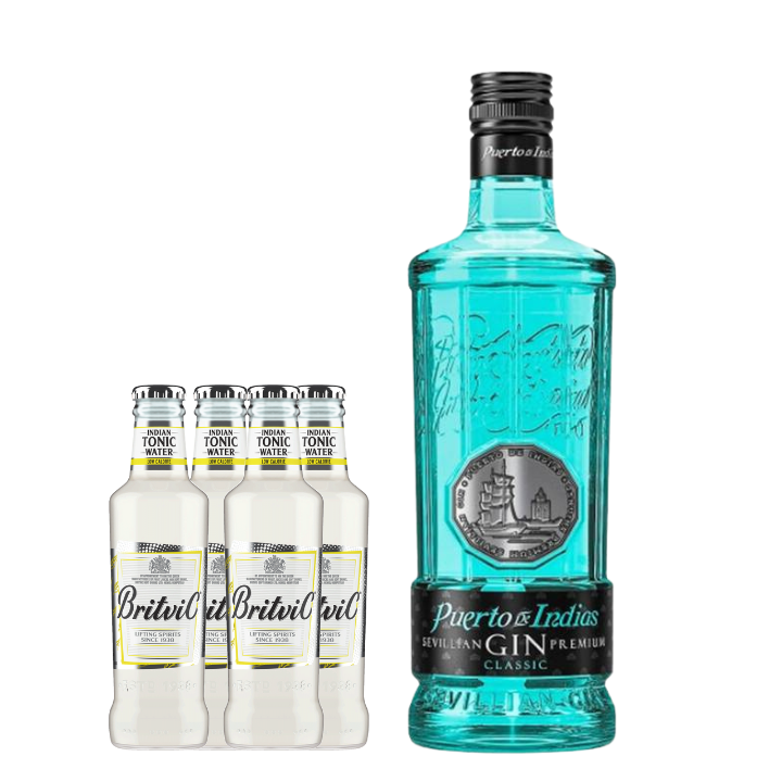 SET GIN PUERTO DE INDIAS BOTELLA VIDRIO 700 CC + 4 TÓNICAS BRITVIC LOW CALORIE - 1