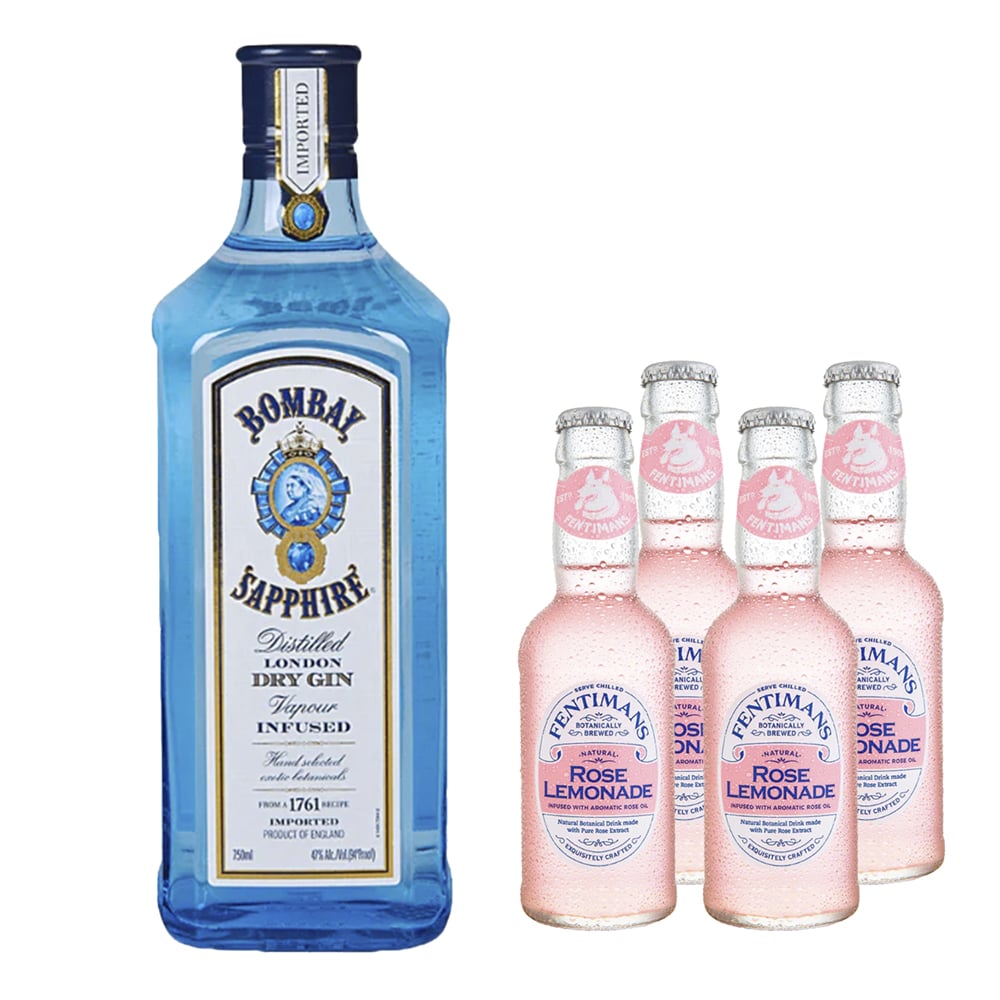 SET GIN BOMBAY BOTELLA VIDRIO SAPPHIRE 700 CC + 4X FENTIMANS ROSÉ 200 CC - 1