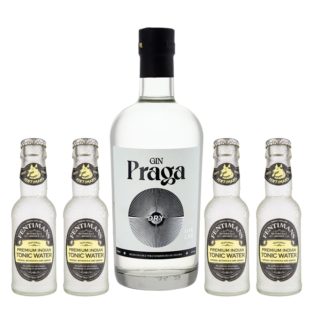 SET GIN BOTELLA VIDRIO PRAGA DRY 700 CC + 4 FENTIMANS TONIC WATER - 1