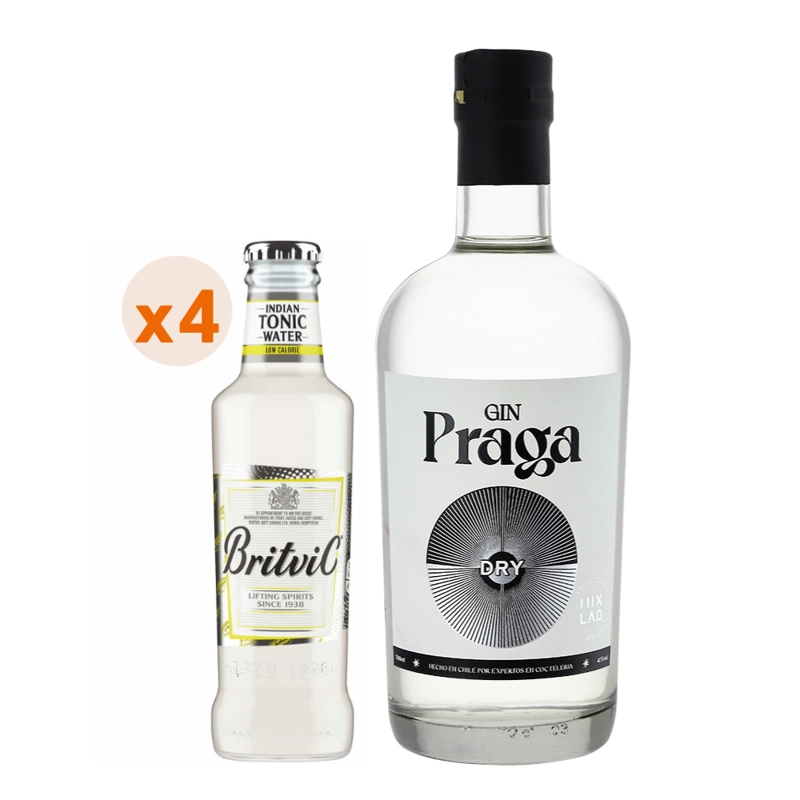 SET GIN BOTELLA VIDRIO PRAGA 700 CC + 4X BRITVIC TONIC LOW CALORIE 200 CC - 1