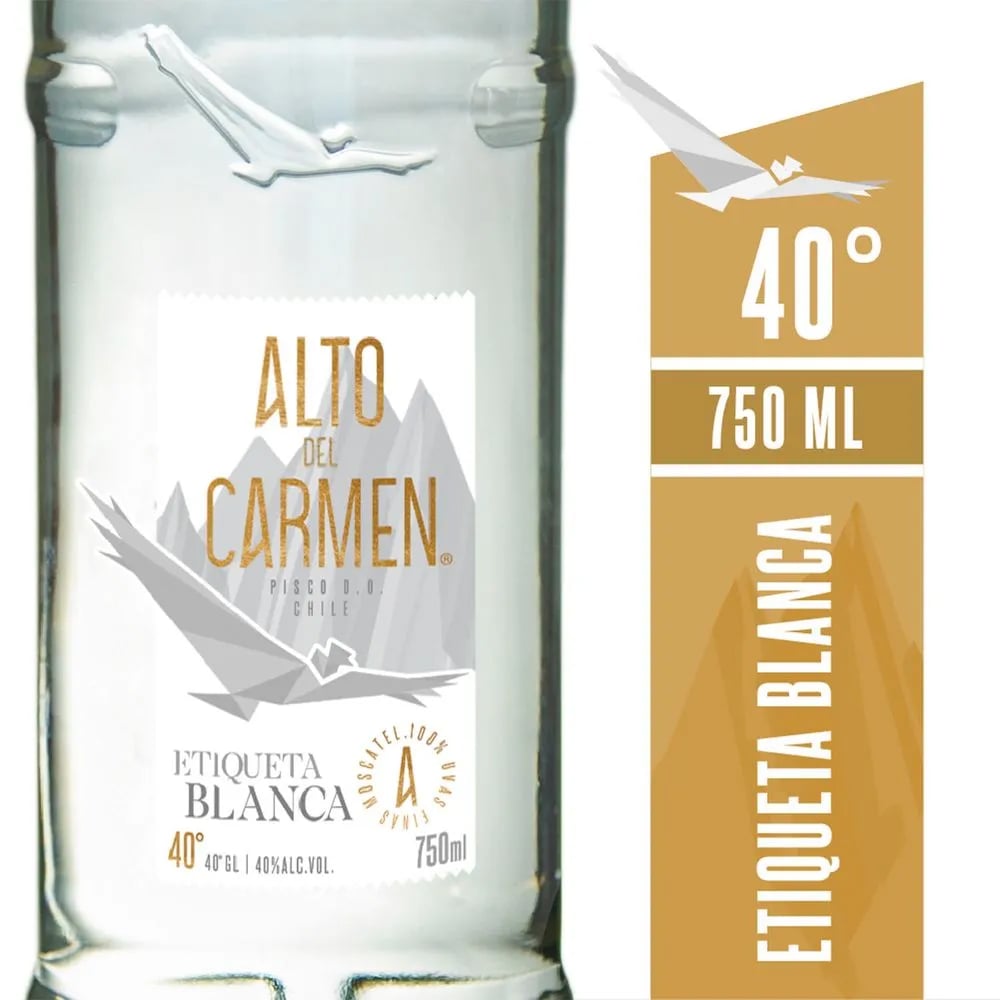 PISCO ALTO DEL CARMEN BOTELLA VIDRIO 750 CC ETIQUETA BLANCA 40° - 2