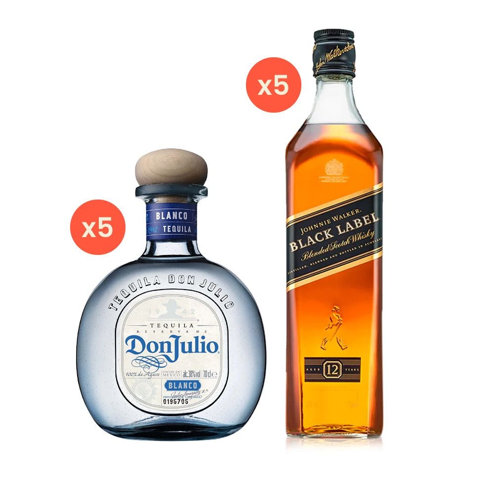 SET PACK DON JULIO BOTELLA VIDRIO FIESTA 5 BLANCO 750 CC + 5 JW BLACK 750 CC - 1