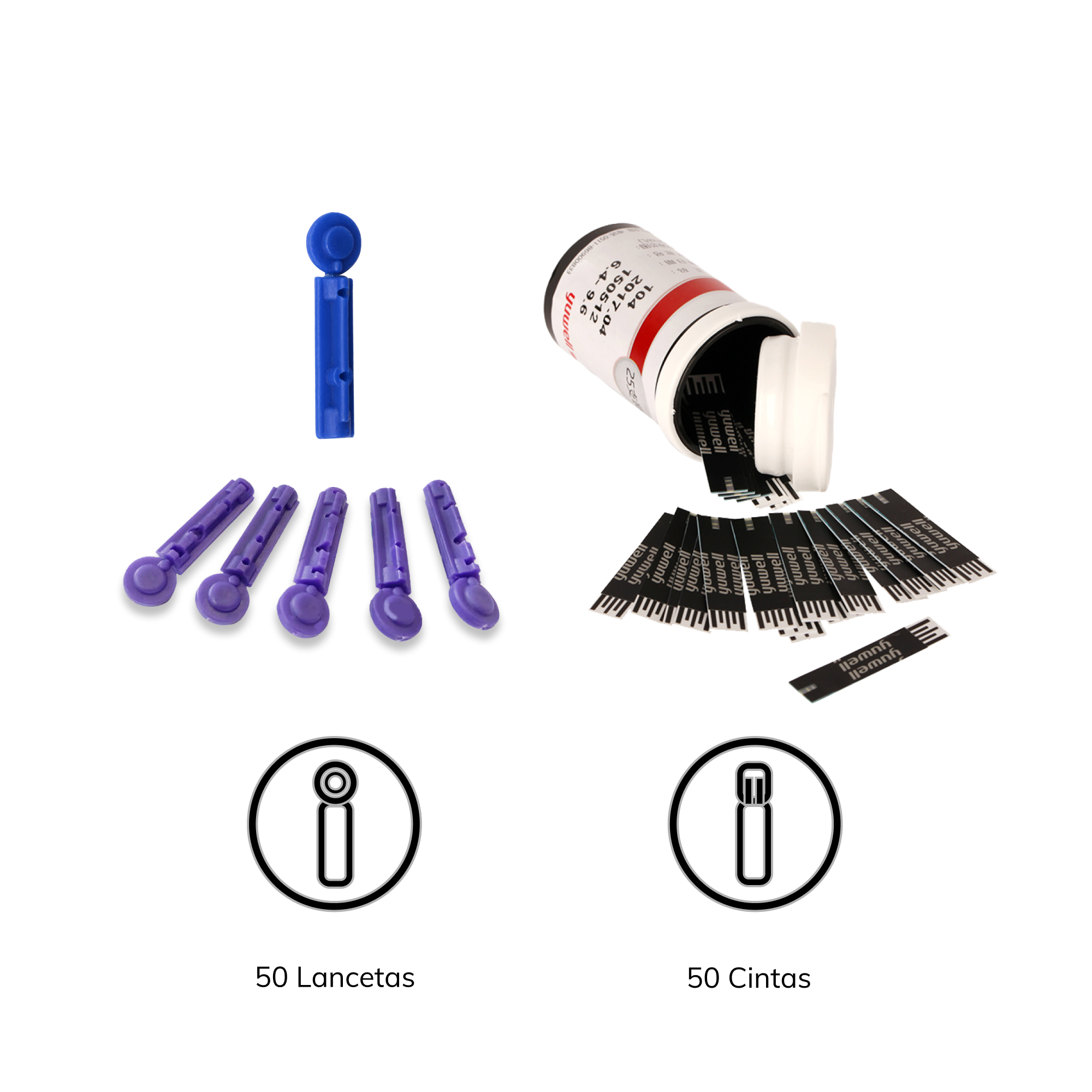 50 TIRAS DE MEDICIÓN GLUCÓMETRO YUWELL 582 + 50 LANCETAS - 1
