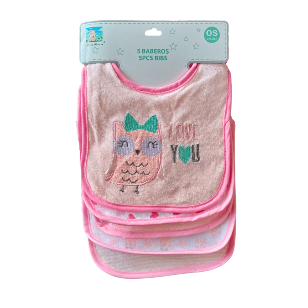 PACK 5 BABEROS PARA BEBÉS BÚHO ROSA - 1