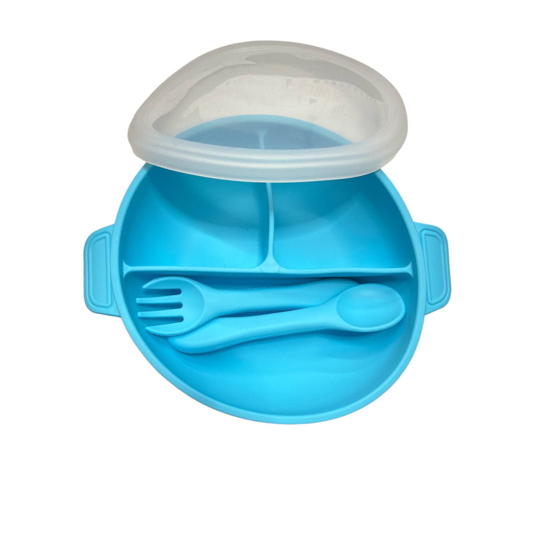 PLATO DE SILICONA CON TAPA CELESTE BEBÉ - 1