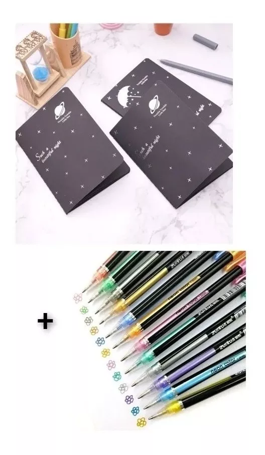PACK LAPICES GEL METALICO NEON + LIBRETA NEGRA - 1