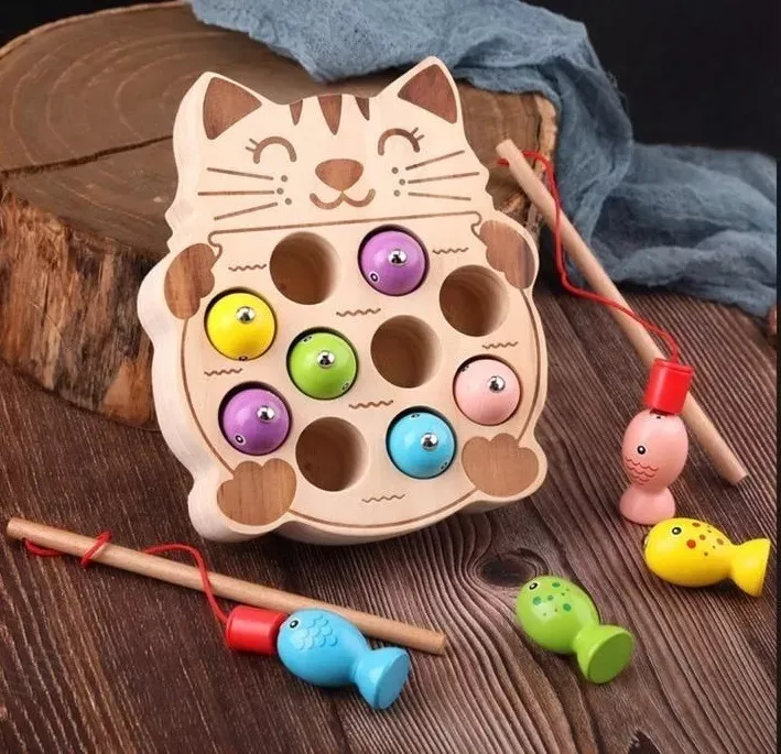 JUGUETE EDUCATIVO PESCA MÁGICA MAGNÉTICA FORMA GATO MADERA - 1