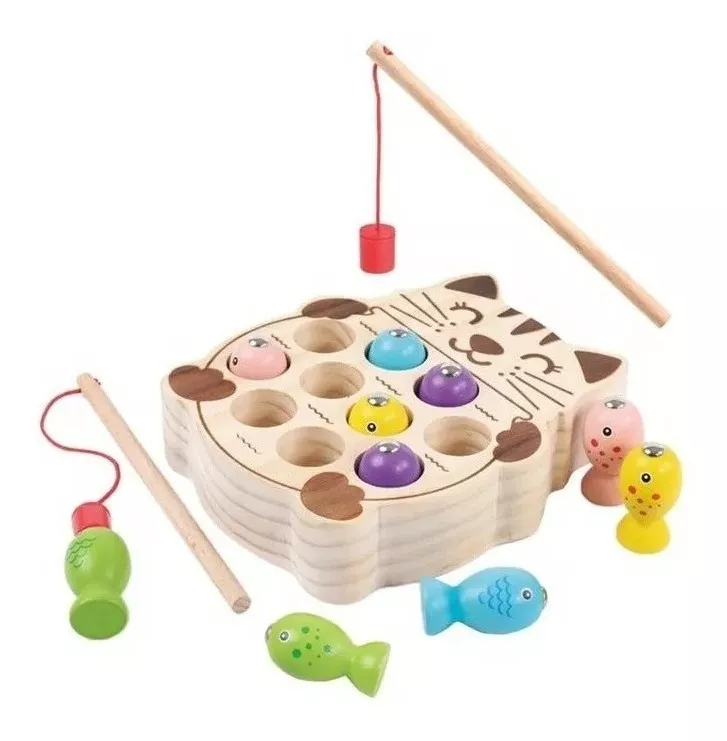 JUGUETE EDUCATIVO PESCA MÁGICA MAGNÉTICA FORMA GATO MADERA - 2