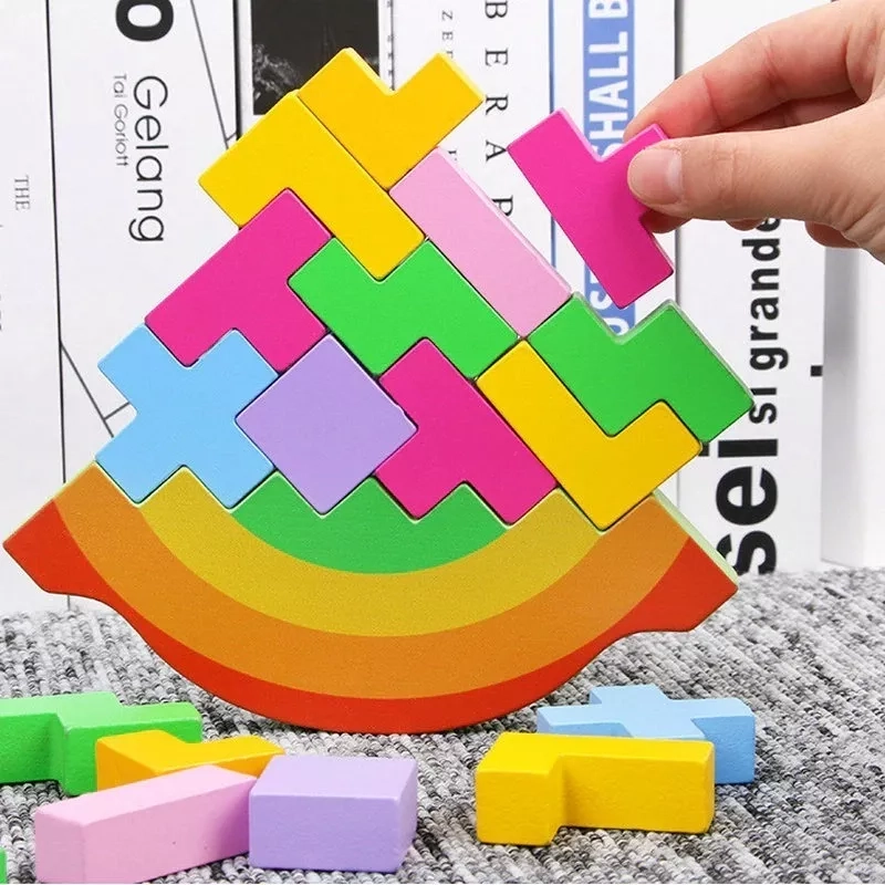 BLOQUES DE CONSTRUCCIÓN NEGRO DE MADERA BALANCEO TETRIS MONTESSORI - 1