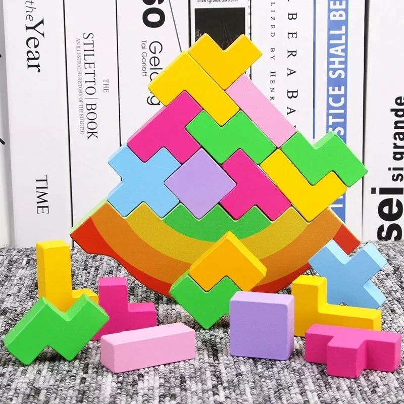 BLOQUES DE CONSTRUCCIÓN NEGRO DE MADERA BALANCEO TETRIS MONTESSORI - 2