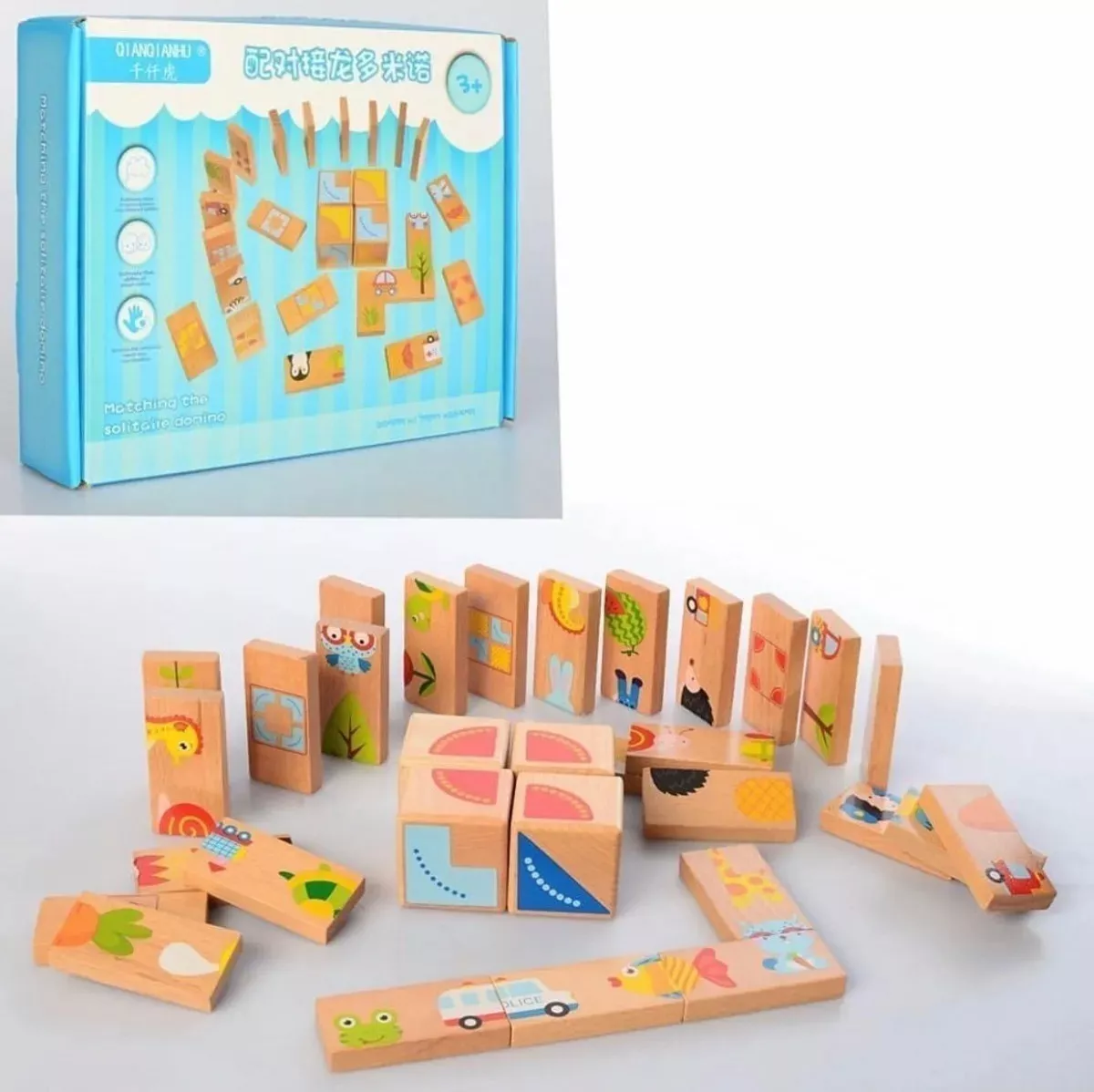 DOMINO DIDÁCTICO INFANTIL DE MADERA CON ANIMALES 32 PIEZAS - 1