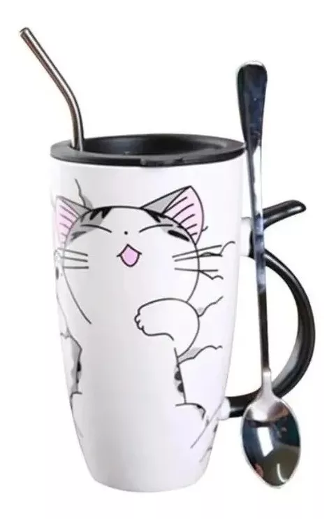 TAZÓN CON TAPA 600ML GATITO MUG CERÁMICA+ CUCHARA+ BOMBILLA - 1
