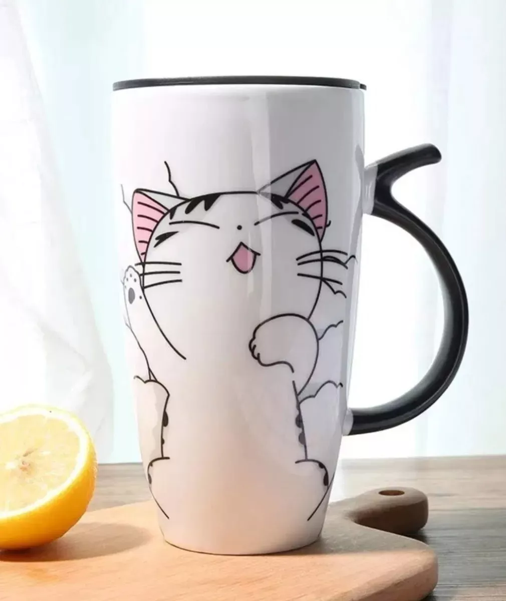 TAZÓN CON TAPA 600ML GATITO MUG CERÁMICA+ CUCHARA+ BOMBILLA - 3