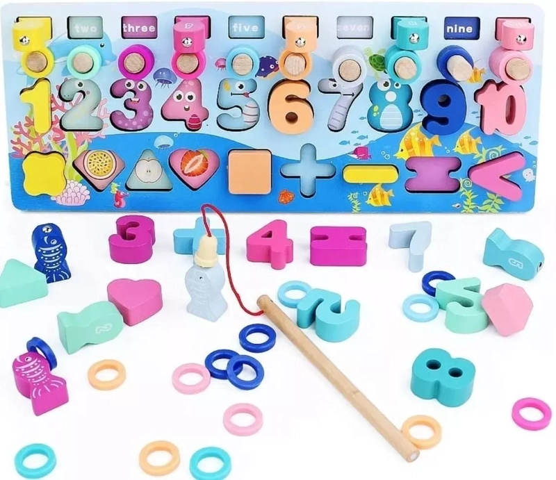 ÁBACO CON PESCA MADERAS BRAVO NEGRO 4 X 1 FIGURAS NÚMEROS PREESCOLAR MONTESSORI - 2