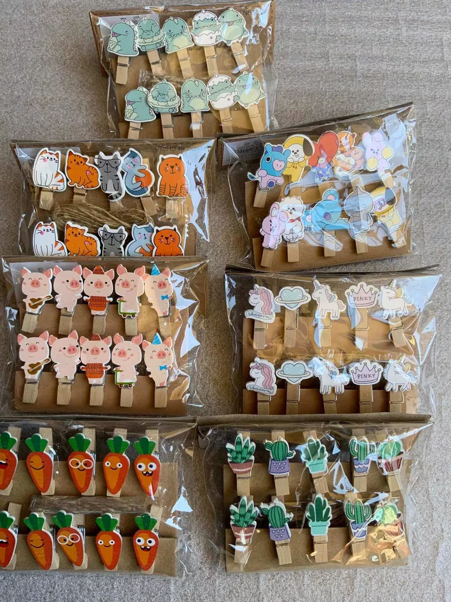 PACK 12 SET PINZAS PERRITOS MADERA DISEÑOS KAWAII PAPELERÍA - 4