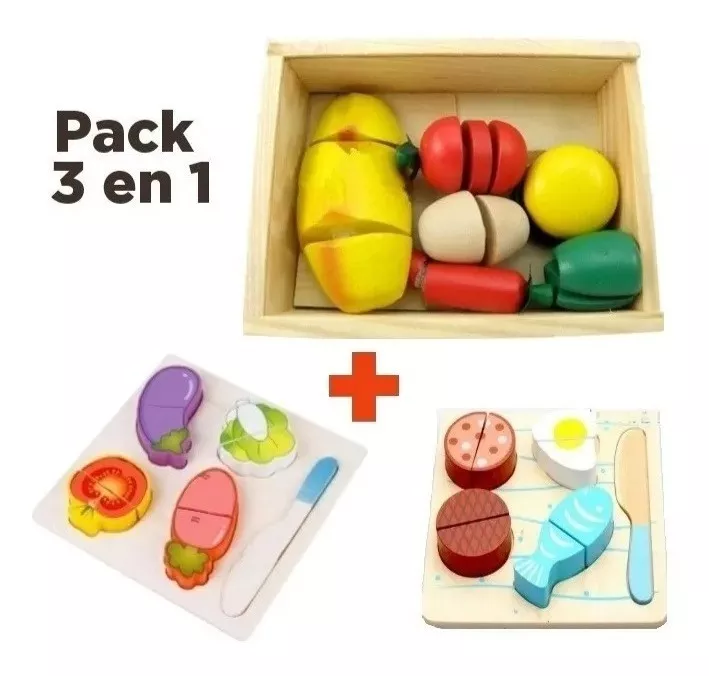 PACK 3 UNID CORTA FRUTA DE MADERA JUGUETE SIMBOLICO DIDACTIC - 1