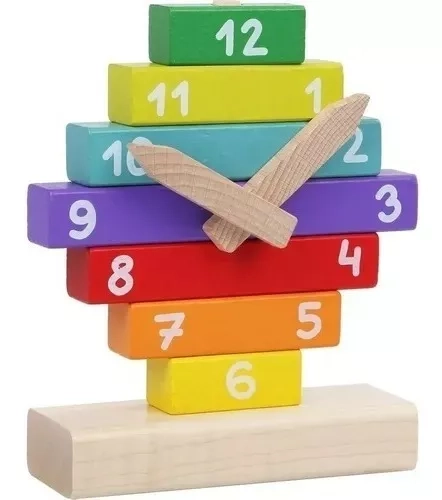 RELOJ MULTICOLOR PUZZLE DE MADERA BLOQUES APILABLE DIDÁCTICO MONTESSORI - 1