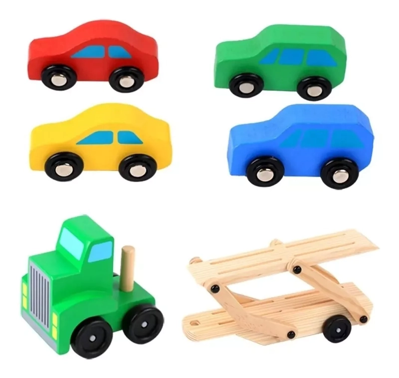 CAMION DE MADERA CON AUTOS JUGUETE DIDACTICO NIÑOS JUEGO - 4