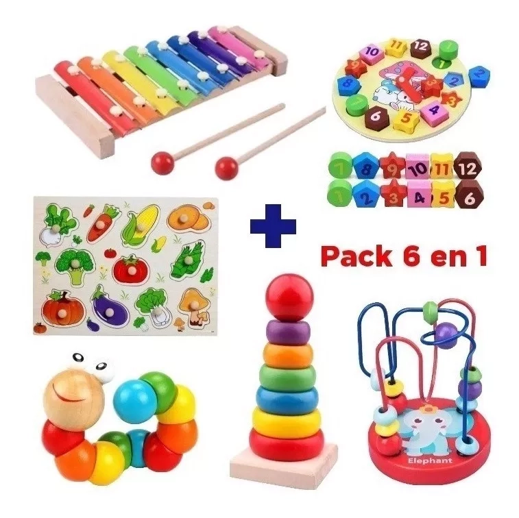 JUGUETES DIDÁCTICOS MADERA NIÑOS ESTIMULACIÓN PACK 6 NEGRO - 1