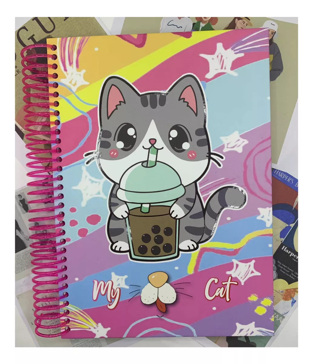 CUADERNO UNIVERSITARIO 200 HJS DISEÑO GATITO VASO TAPA DURA KAWAII - 1