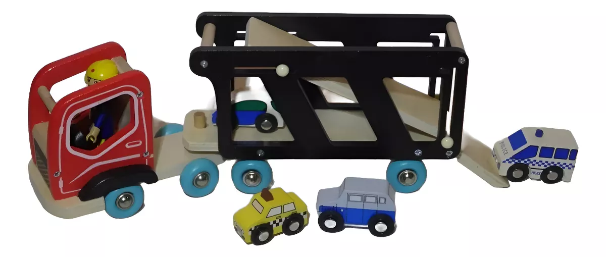 JUGUETE CAMION DE MADERA TRANSPORTADOR DE AUTOS +4 CARROS - 4