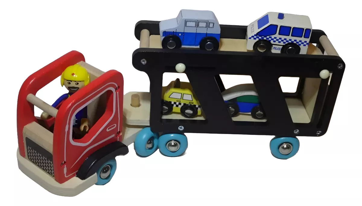 JUGUETE CAMION DE MADERA TRANSPORTADOR DE AUTOS +4 CARROS - 5