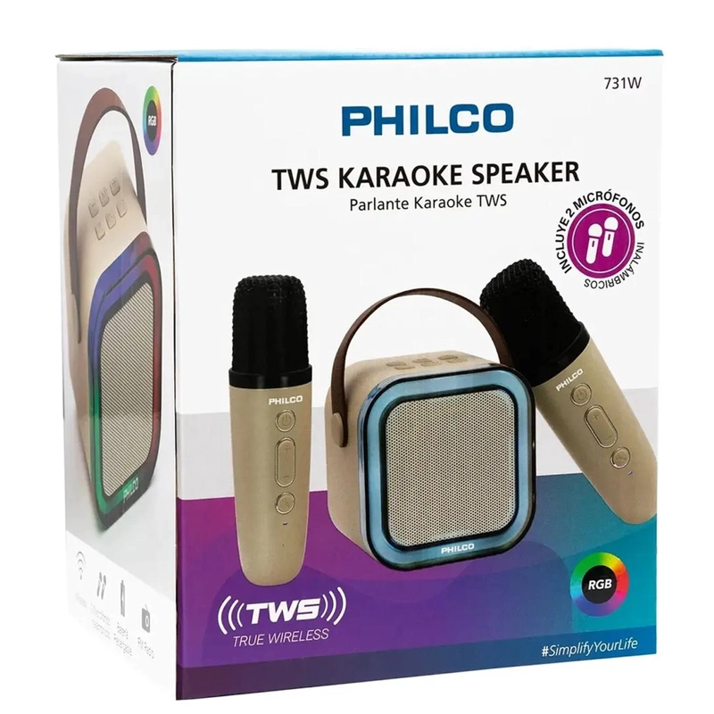 MINI PARLANTE KARAOKE TWS 731W LUZ RGB + 2 MICROFONOS PHILCO - 7