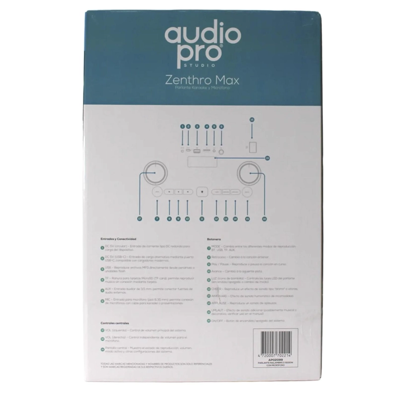 PARLANTE KARAOKE ZENTRO MAX AP02099 BT + MICROFONO AUDIOPRO 500W - 7