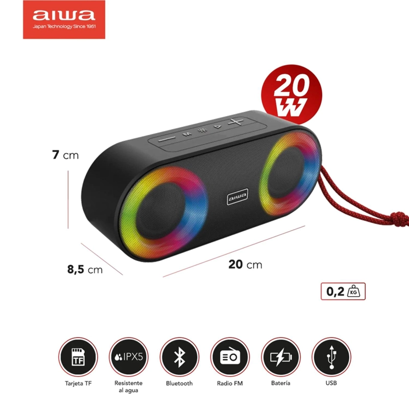 PARLANTE PORTATIL BLUETOOTH AIWA 20W IPX5 RADIO FM AW-SJ215 - 2