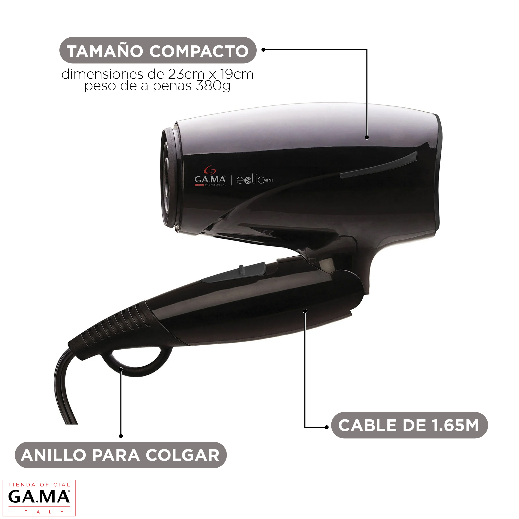 SECADOR GAMA EOLIC TRAVEL ION TURMALINA PLEGABLE COMPACTO | Negro - 4