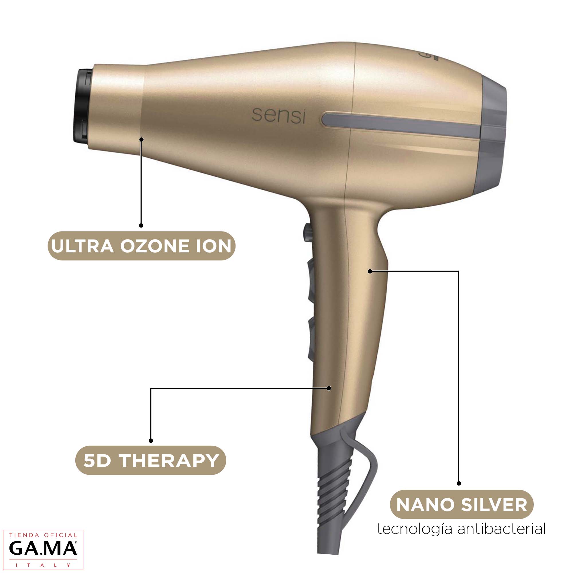 SECADOR DE PELO GAMA H TEMPO 5D SENSI GOLD 2200 W + BOLSO | Beige - 3